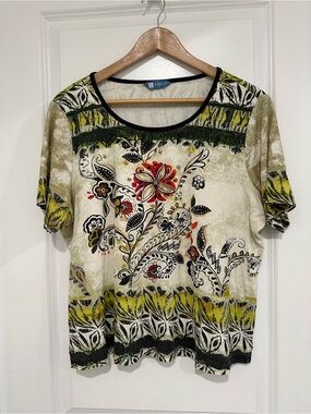 Vintage Koret Olive & Yellow Floral Scoop Neck Short Sleeve Top 100% Cotton